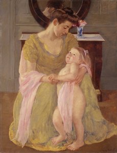 バラのスカーフを持つ母と子、1908年頃 作： Mary Cassatt
